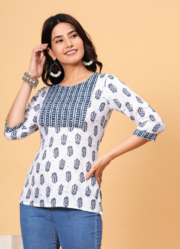 White Printed Stylish Three by Four Quarter Sleeves Top