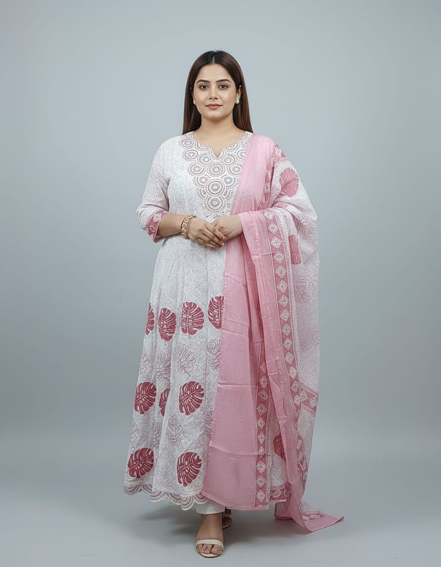 Pink White Floral Printed With Embroidery  Stylish Anarkali 3-Piece Set