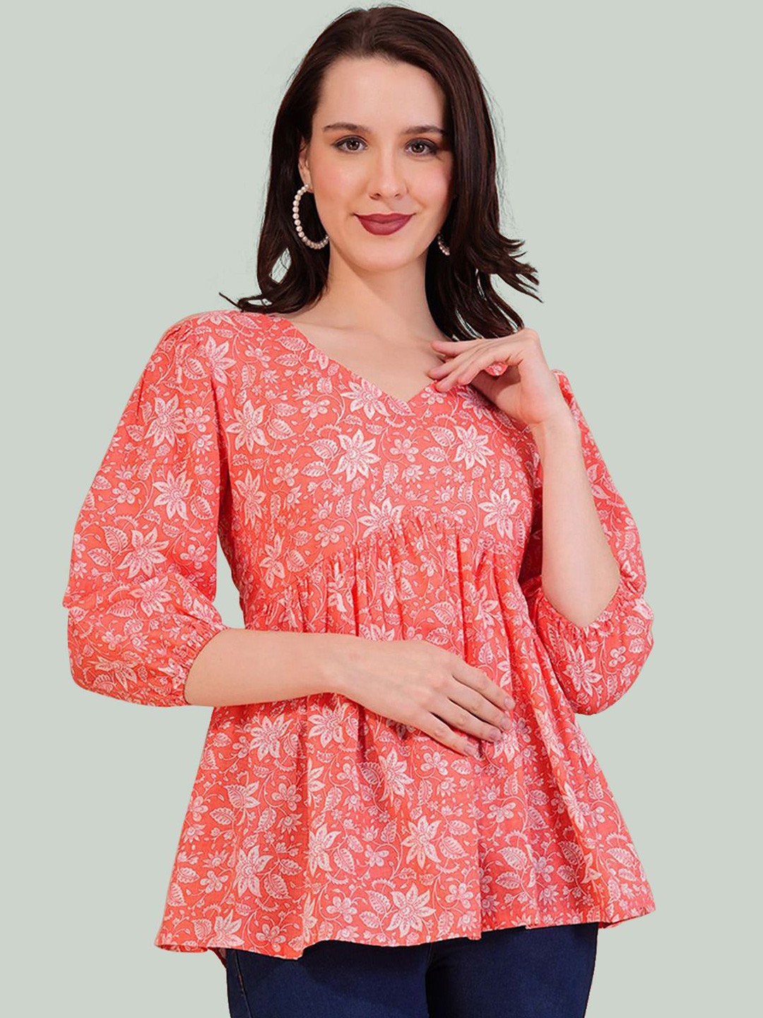 Orange Printed Stylish Three by Four Quarter Sleeves flaired Top