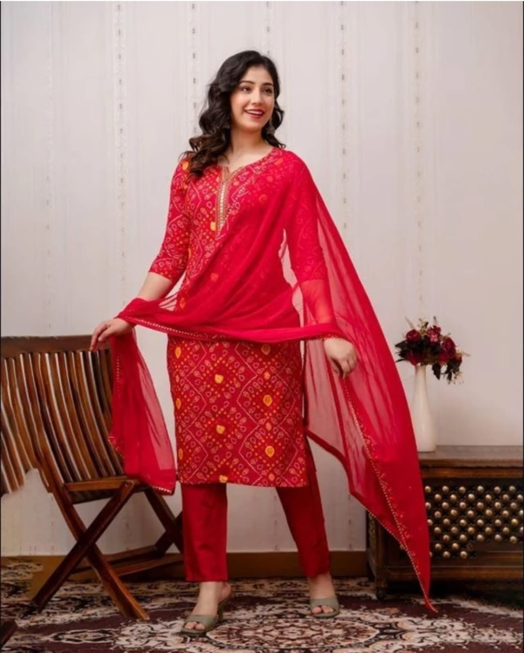 Red Printed With Embroidery Stylish 3-Piece Set