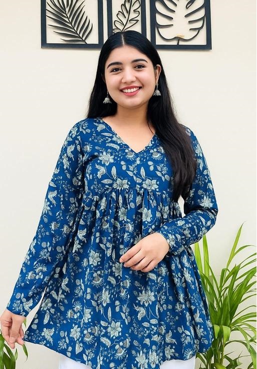 Blue Floral Printed Stylish Long Sleeves Flared Top