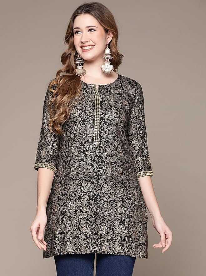 Black Printed with Embroidery Stylish Three by Four Quarter Sleeves Kurti